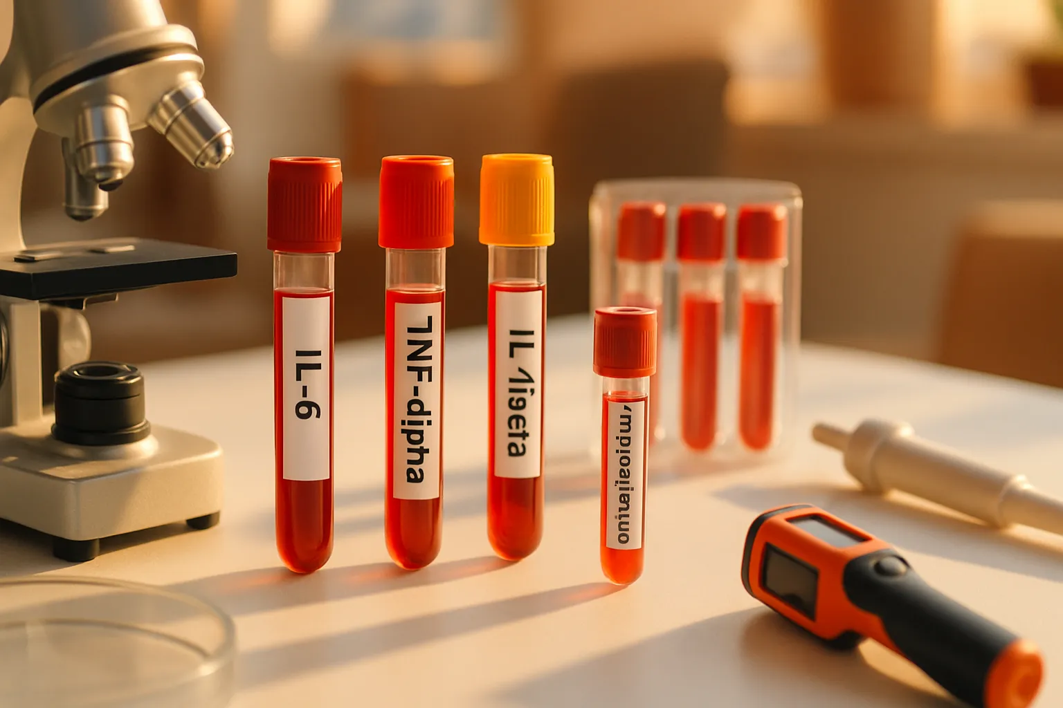 Apresentação educativa de biomarcadores inflamatórios mostrando amostras de citocinas IL-6, TNF-alfa, IL-1beta e homocisteína para detecção de inflamação crônica