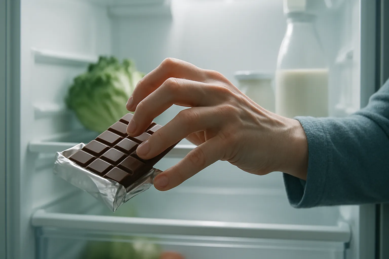 Mão alcançando compulsivamente chocolate na geladeira à noite, ilustrando comportamento de fome emocional causada por ansiedade