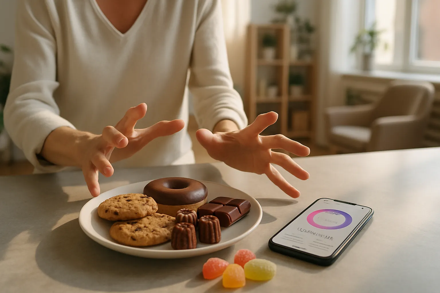 Mãos de mulher alcançando chocolates e doces durante episódio de compulsão alimentar relacionada ao ciclo hormonal