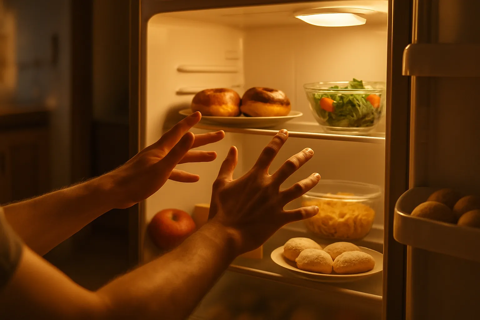 Pessoa abrindo geladeira à noite em episódio de compulsão alimentar noturna, ilustrando comportamento de comer compulsivamente fora de hora