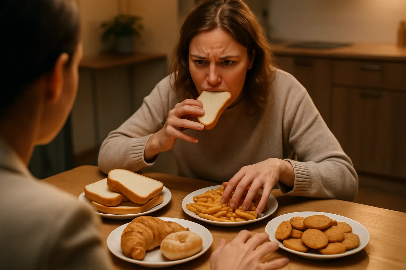 Compulsão Alimentar Pós-Jejum Mulher experimentando compulsão alimentar ao quebrar jejum intermitente, com urgência incontrolável por carboidratos e doces devido ao cortisol elevado