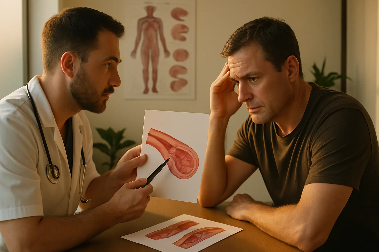 Consulta médica especializada sobre disfunção erétil e saúde vascular em homens acima de 40 anos