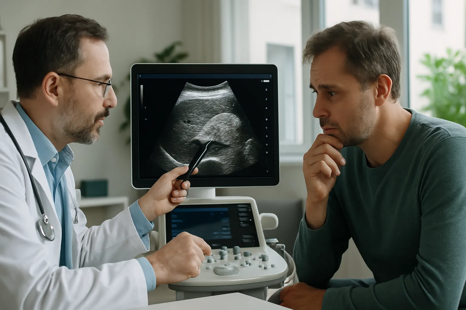 Médico hepatologista mostrando resultados de ultrassom hepático para paciente durante consulta sobre metabolismo de frutose e gordura no fígado