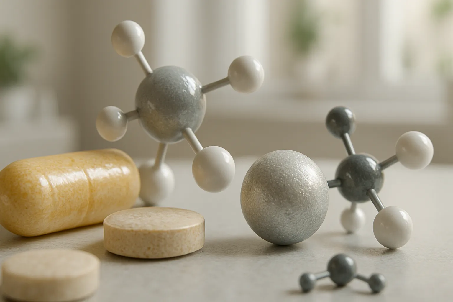 Detalhe macro de suplementos enzimáticos para conversão de T4 em T3 ativo, mostrando cofatores essenciais como selênio e zinco para função tireoidiana