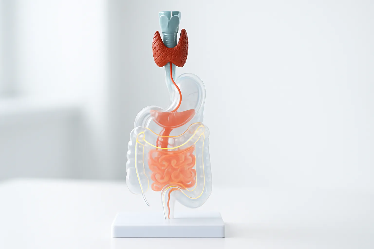 Modelo anatômico educativo mostrando a conexão entre tireoide e intestino, demonstrando como a inflamação intestinal bloqueia a conversão de T4 em T3