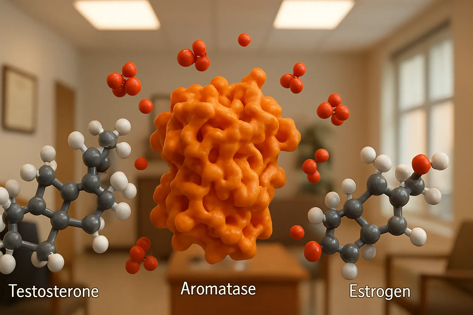 Representação visual do processo de conversão hormonal mostrando como a inflamação transforma testosterona em estrogênio através da enzima aromatase