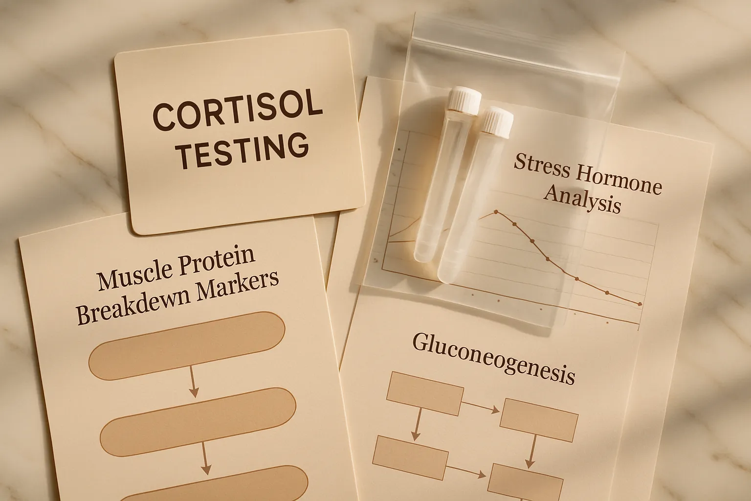Composição flat lay com kit de teste de cortisol, tubos de coleta de saliva e marcadores de catabolismo muscular para análise de cetose de estresse