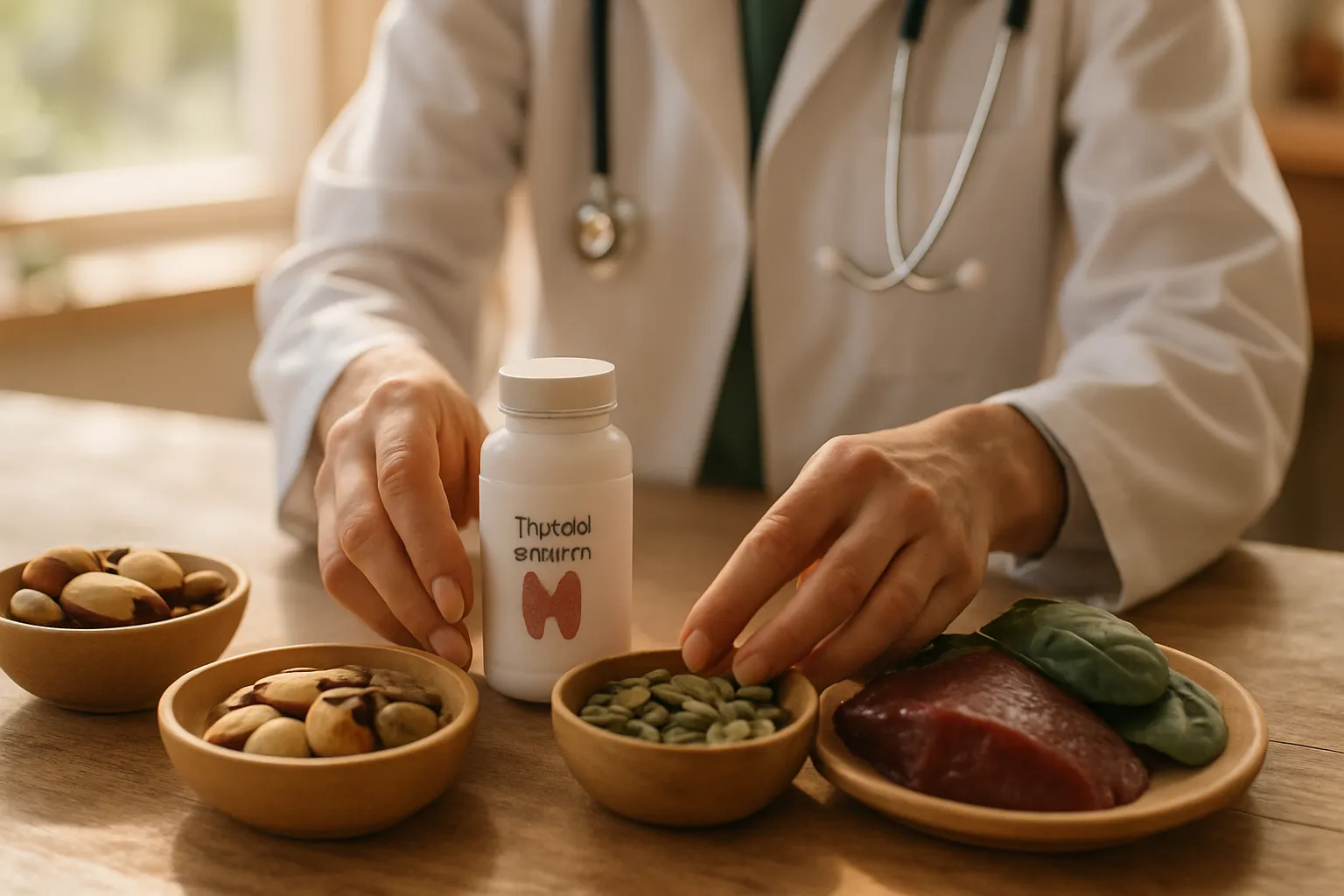 Profissional de saúde demonstrando protocolo personalizado de nutrientes essenciais para tireoide incluindo selênio, zinco, ferro e iodo em ambiente de medicina integrativa