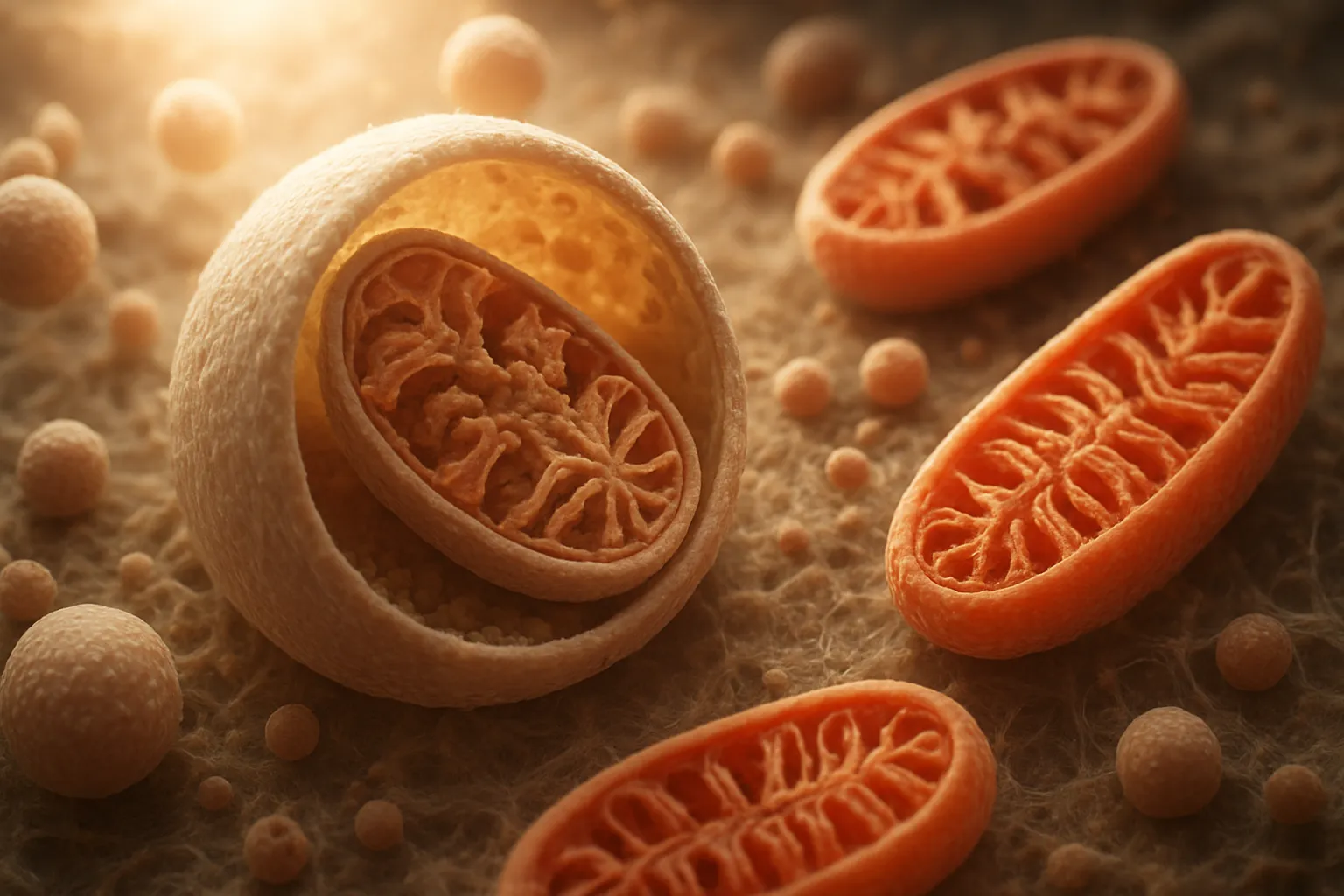 Visualização detalhada em nível microscópico do processo de renovação mitocondrial através da autofagia celular