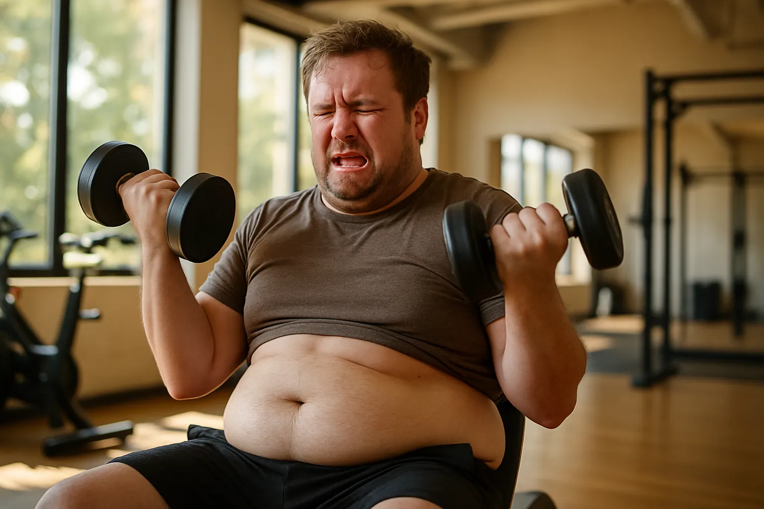 Homem com dificuldade para treinar e ganhar massa muscular apesar do esforço, ilustrando os sintomas de ratio cortisol/testosterona desequilibrado com fadiga e gordura abdominal persistente