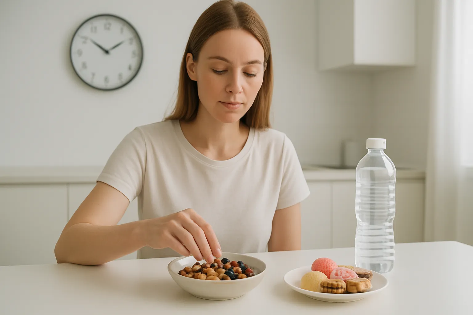Mulher às 15h escolhendo snack saudável de nozes e frutas ao invés de doces, com relógio mostrando horário crítico da tarde para controle glicêmico