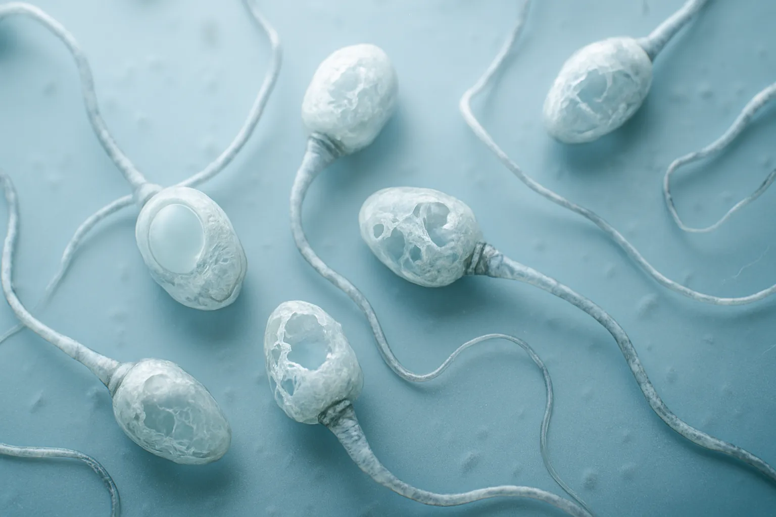 Visualização microscópica de espermatozoides com motilidade reduzida mostrando problemas estruturais relacionados à disbiose intestinal