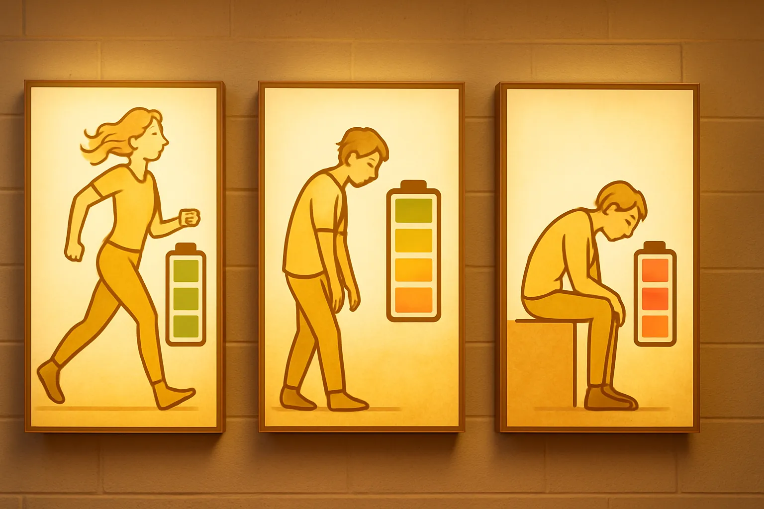 Representação visual dos três estágios progressivos do burnout, desde hiperativação até exaustão completa