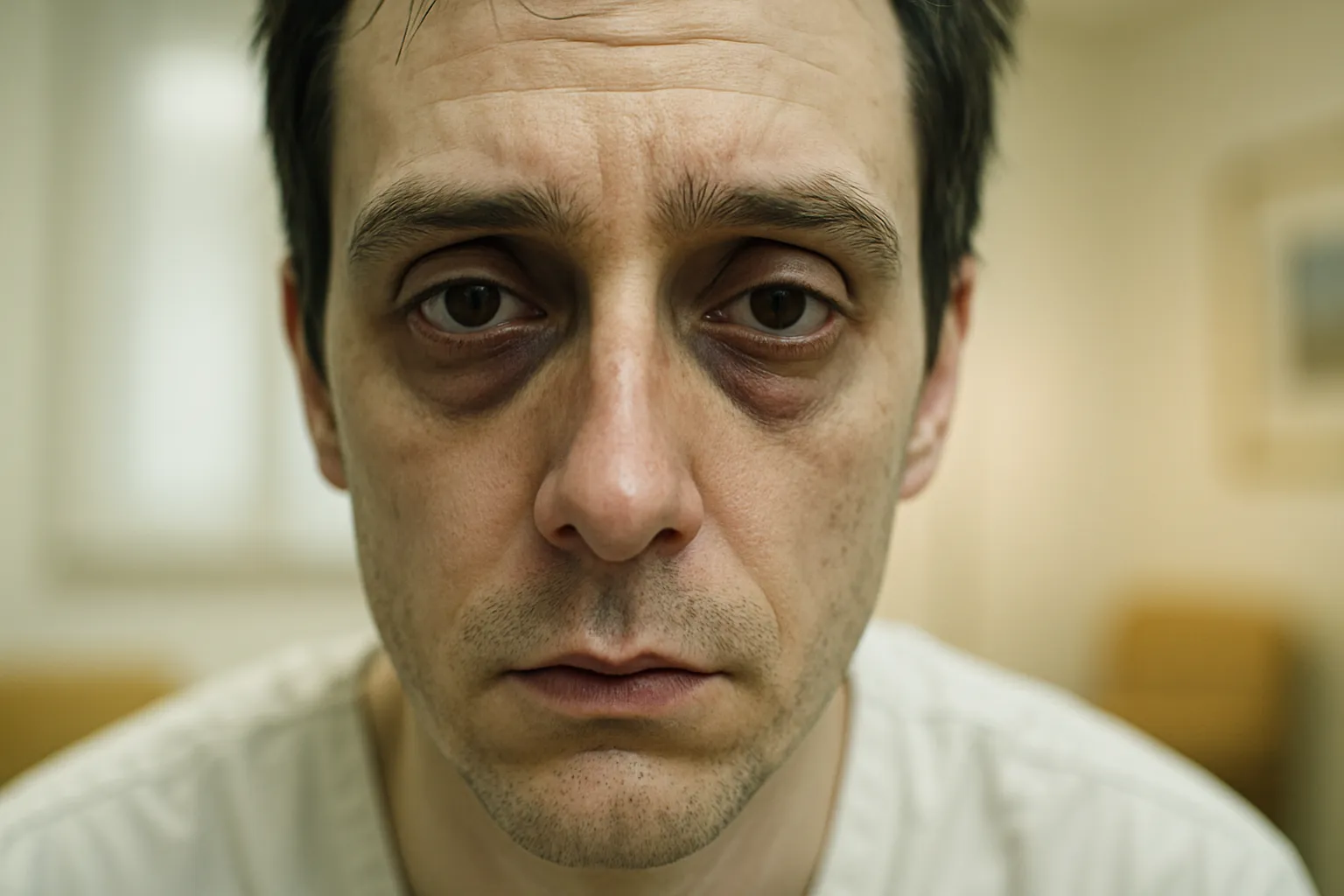 Close-up de pessoa exibindo sinais visíveis de fadiga crônica e metabolismo lento causados por bloqueio da conversão de hormônios tireoidianos