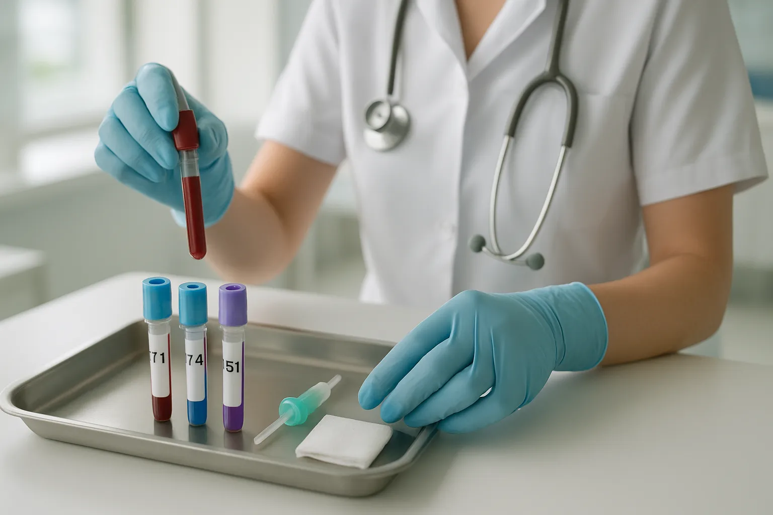 Profissional de saúde preparando coleta de exames de hormônios tireoidianos T3 e T4 em laboratório médico moderno