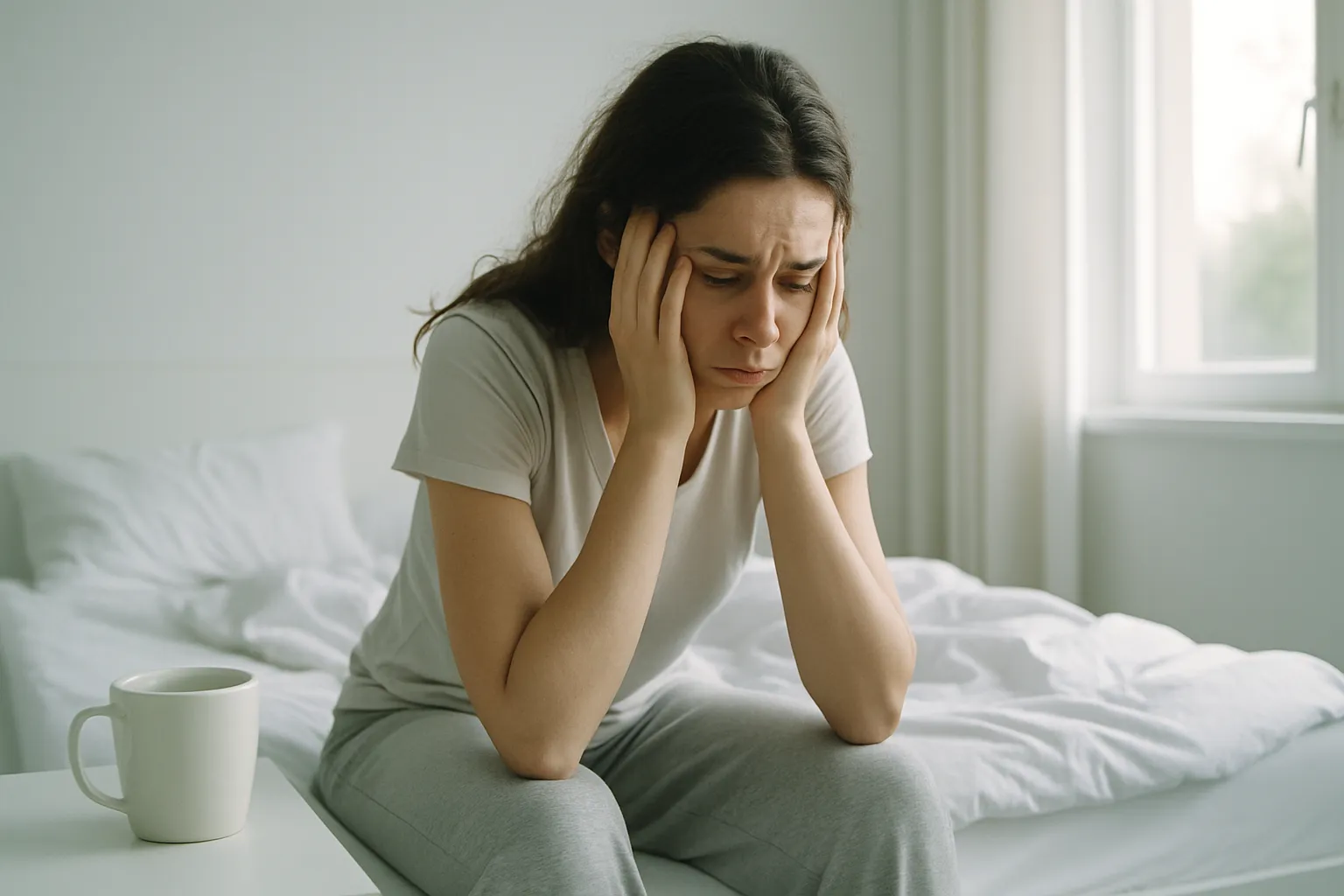 Mulher jovem sentada na beira da cama pela manhã demonstrando fadiga crônica extrema mesmo após noite completa de sono, ilustrando disfunção mitocondrial e baixa produção de ATP