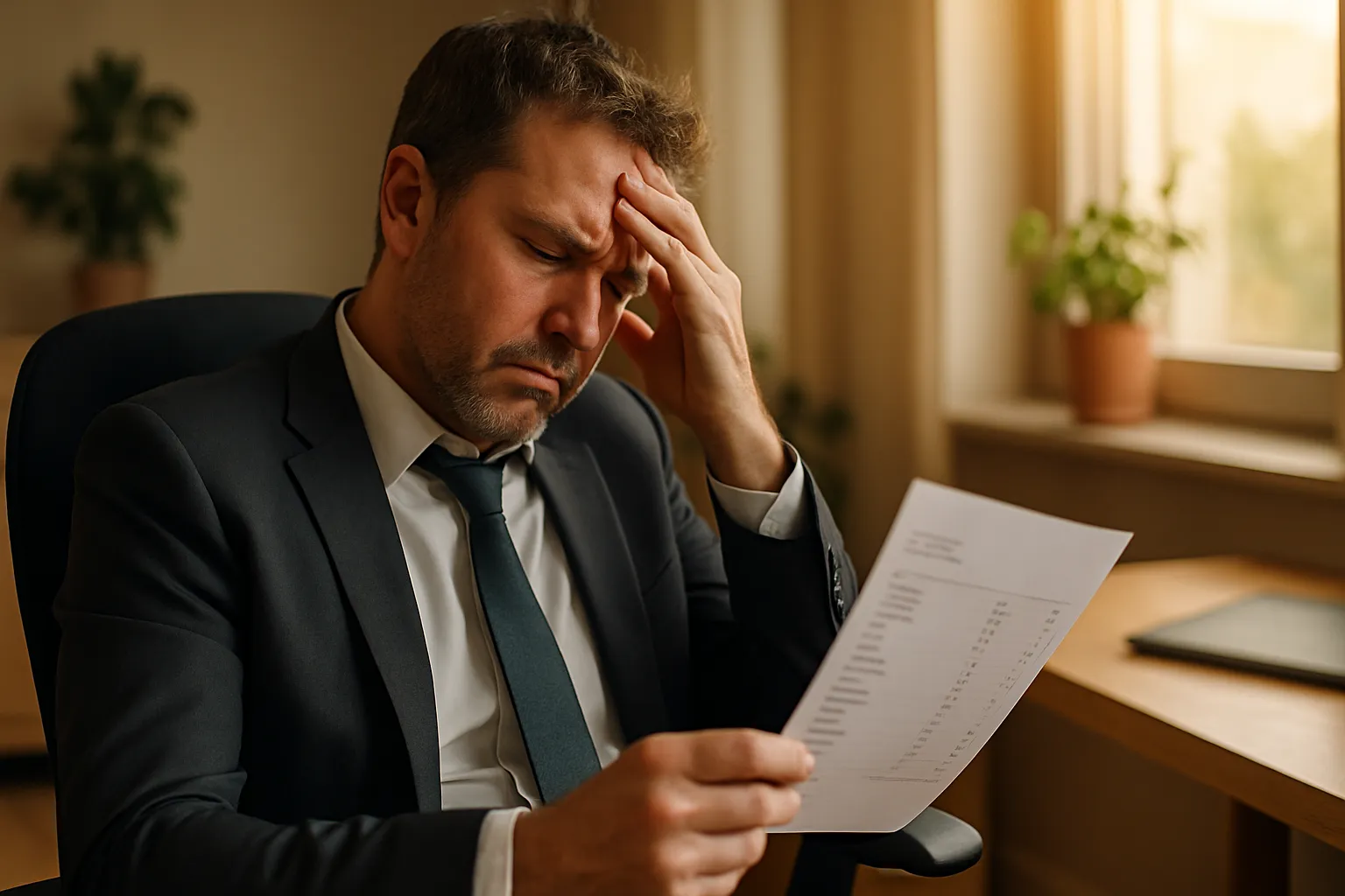 Homem executivo visivelmente exausto segurando exame de testosterona com resultados normais, ilustrando a frustração de ter números adequados mas sintomas persistentes de fadiga