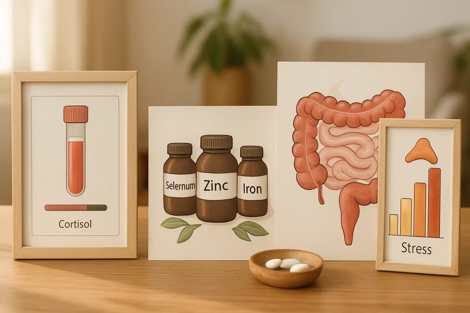 Demonstração educativa dos fatores que bloqueiam a conversão de T4 em T3: cortisol elevado, deficiências nutricionais de selênio, zinco e ferro, e inflamação intestinal