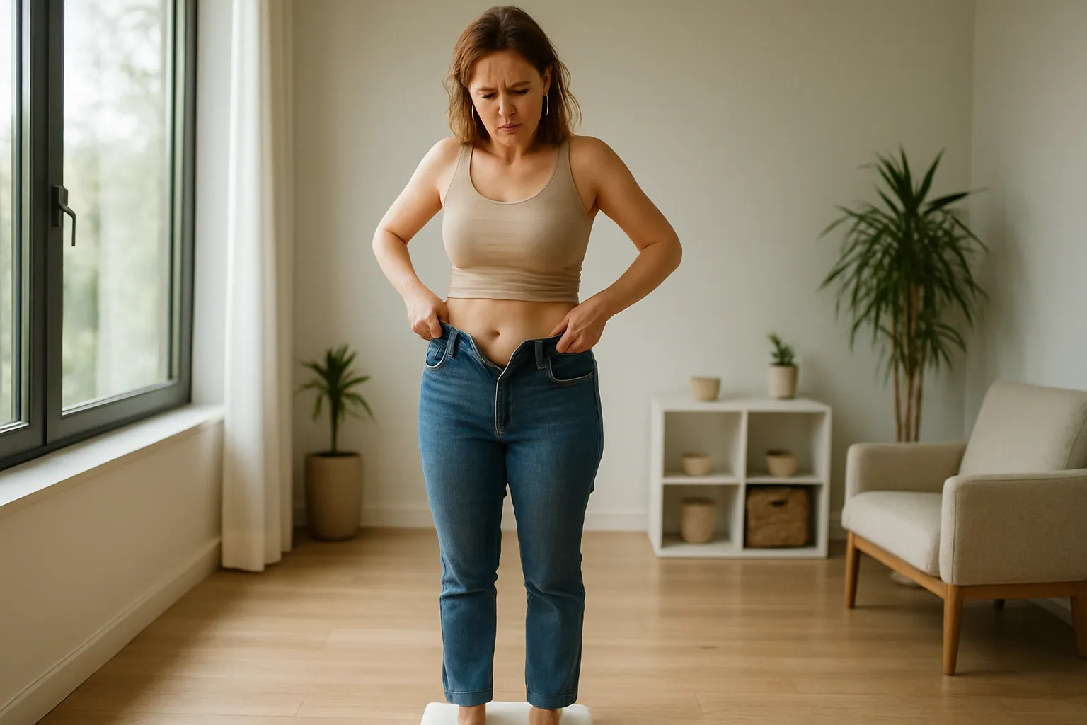 Mulher frustrada segurando calça jeans que não fecha devido ao ganho de peso relacionado ao ciclo menstrual