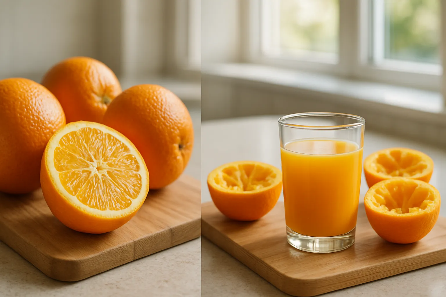 Comparação visual entre laranjas inteiras com fibras preservadas e suco concentrado de três laranjas, demonstrando diferença na absorção de frutose
