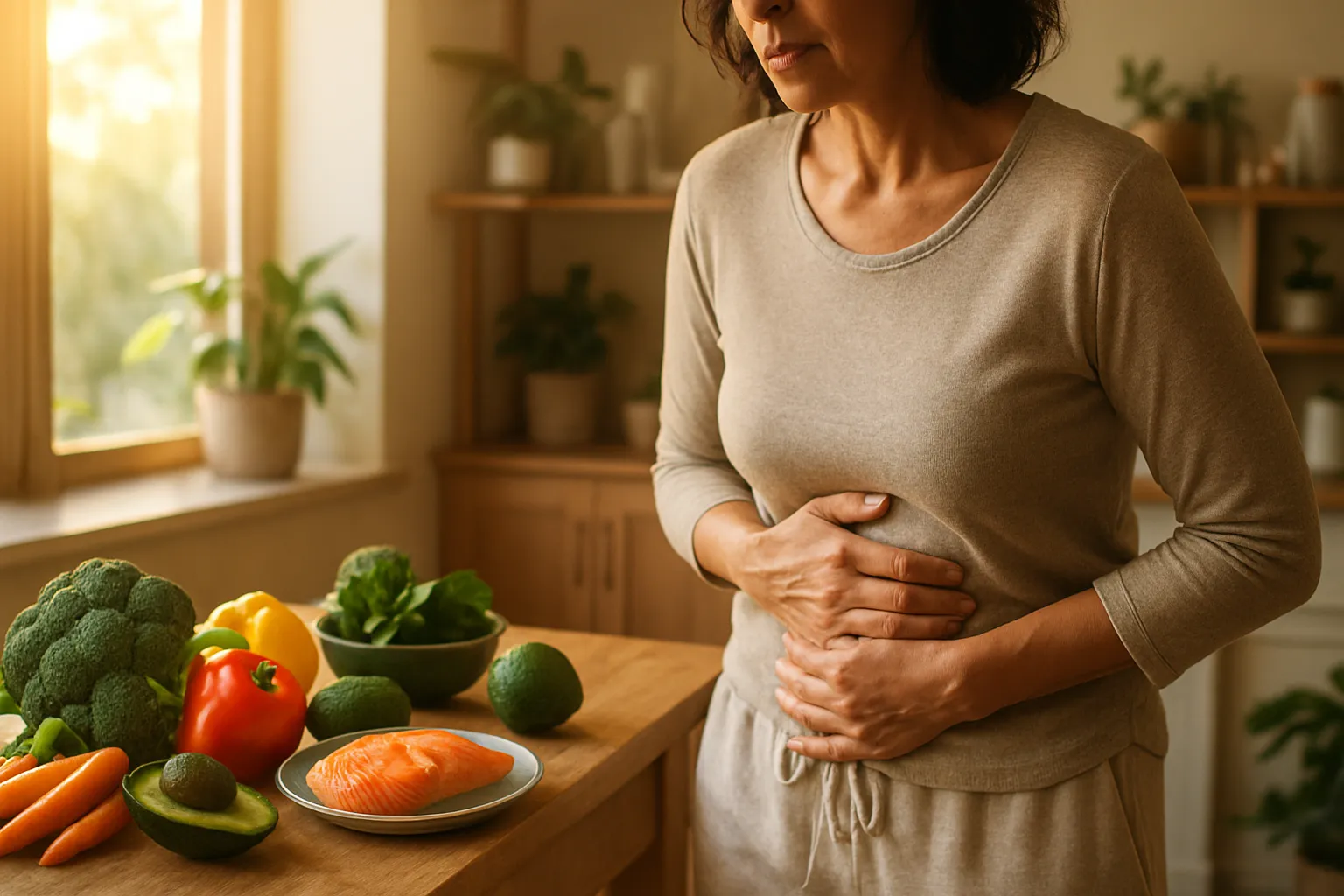 Pessoa indicando desconforto abdominal relacionado à inflamação visceral, com alimentos anti-inflamatórios ao fundo