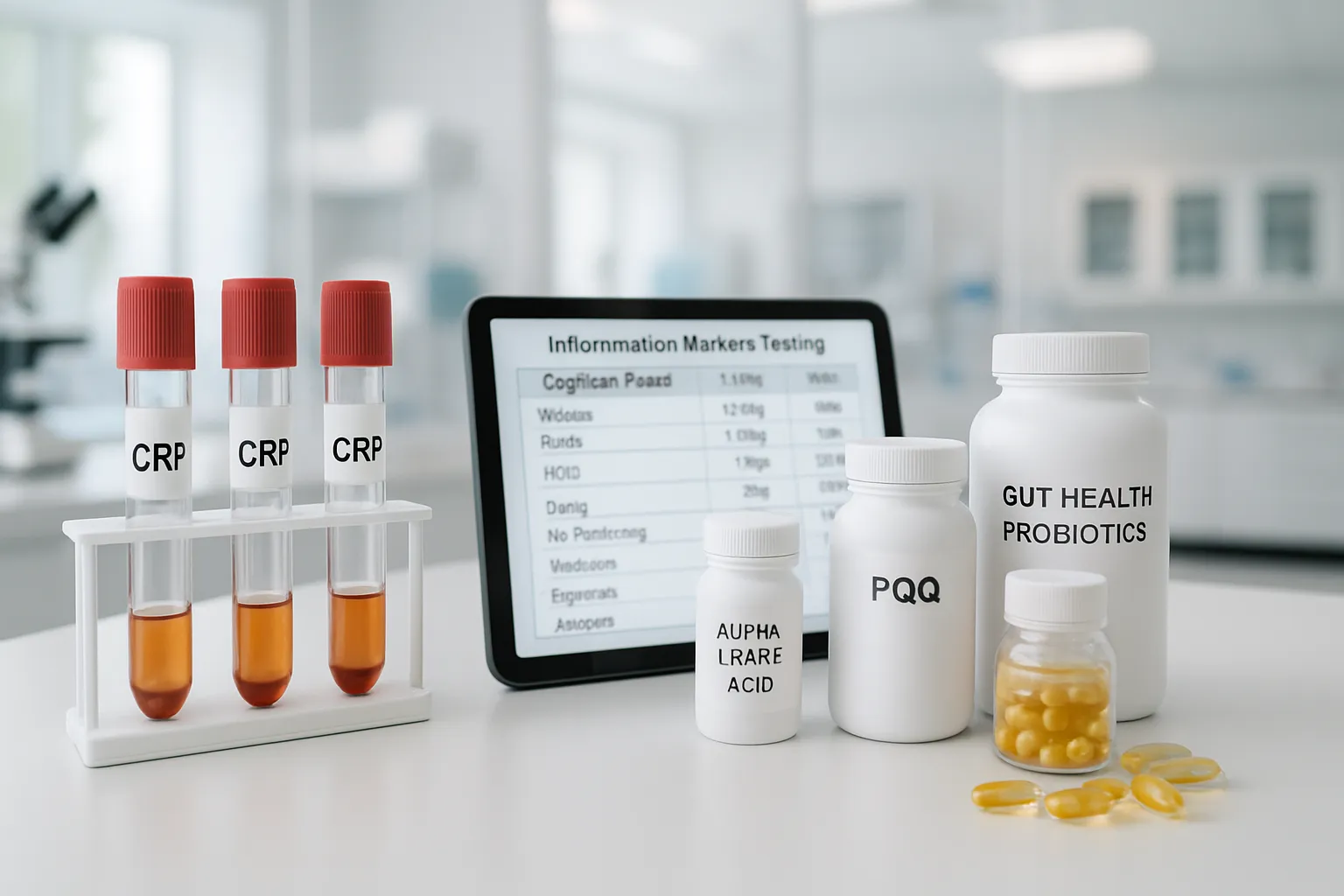 Inflamação Crônica e Impacto Celular Ambiente clínico mostrando testes de marcadores inflamatórios e suplementos para suporte mitocondrial incluindo ácido alfa-lipóico e PQQ, ilustrando investigação científica da inflamação crônica que danifica mitocôndrias