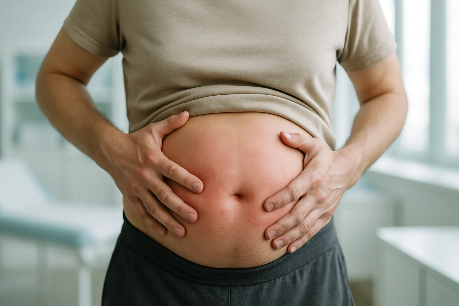 Pessoa com abdômen visivelmente inflamado e distendido mostrando sinais de endotoxemia metabólica causada por vazamento de LPS do intestino
