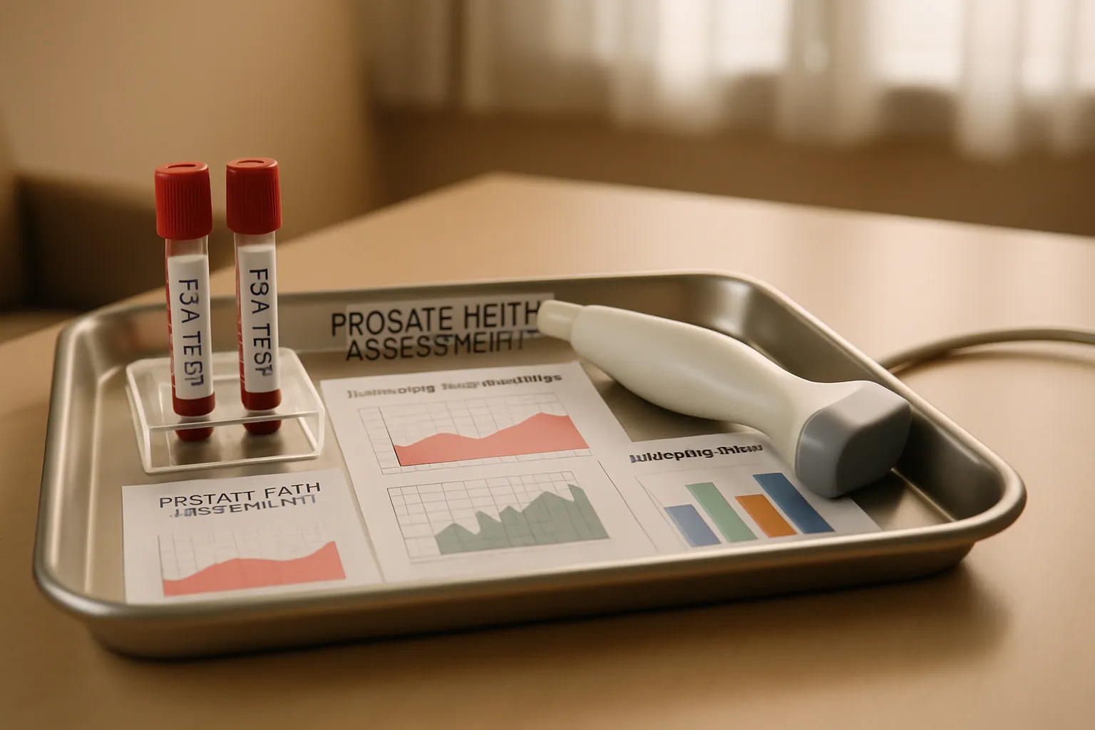 Kit completo de avaliação prostática mostrando tubos de teste PSA, resultados de marcadores inflamatórios e equipamento de ultrassom em bandeja médica profissional