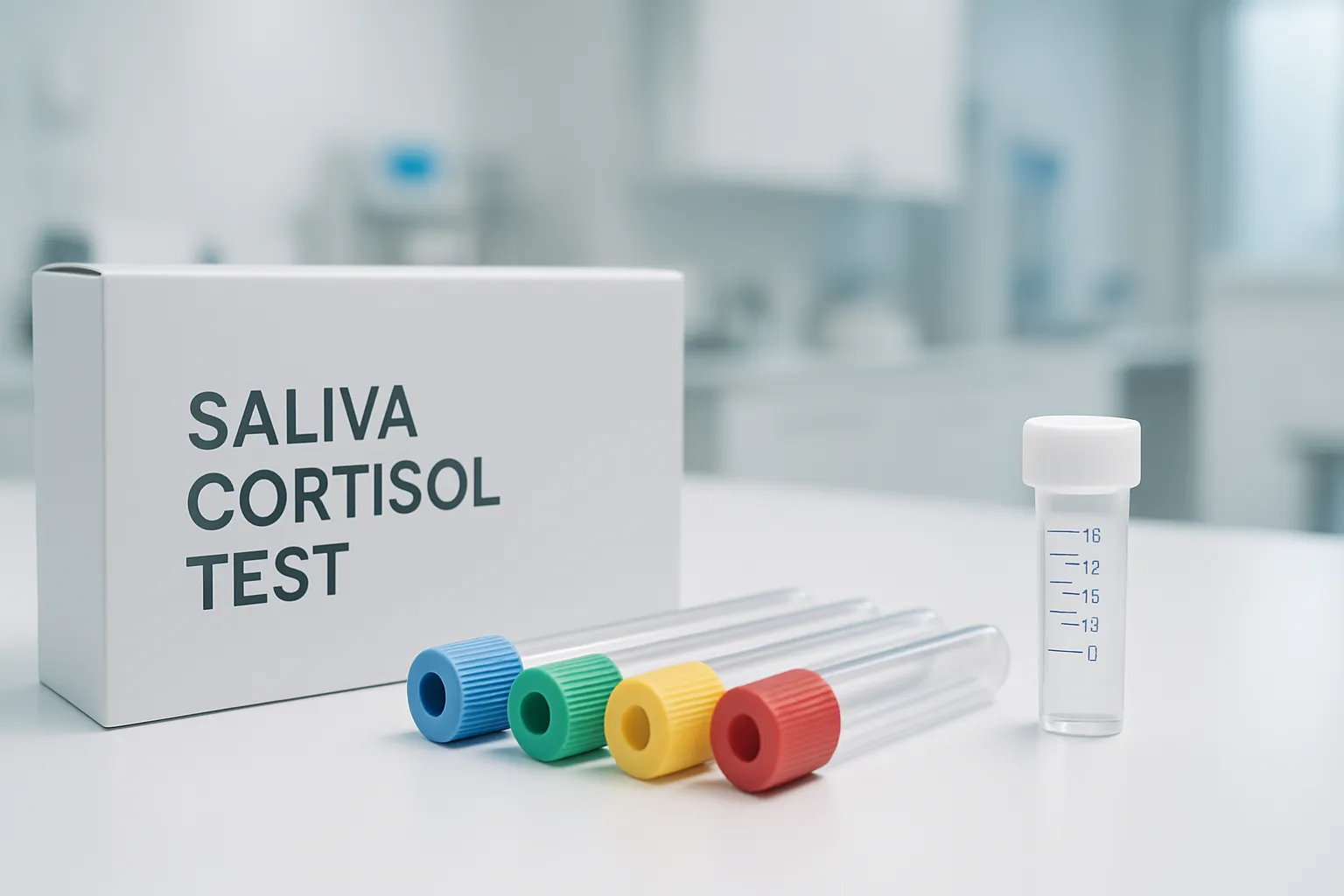Kit profissional de teste de cortisol salivar com tubos de coleta organizados, mostrando ferramentas de medição hormonal para diagnóstico de estresse crônico