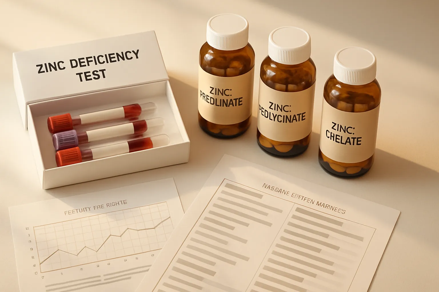 Kit completo de teste de zinco com tubos de coleta, suplementos em diferentes formas e painéis de marcadores de fertilidade e imunidade