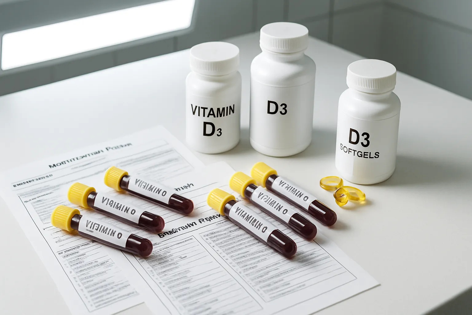 Kit de exames de vitamina D e painel hormonal com tubos de coleta e suplementos em ambiente clínico profissional