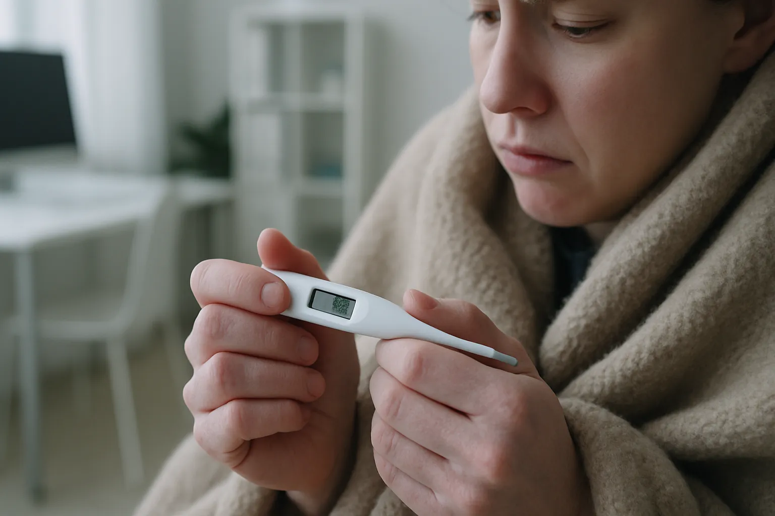 Close-up de mãos geladas e pálidas segurando termômetro digital mostrando temperatura corporal baixa, sintoma de metabolismo lento