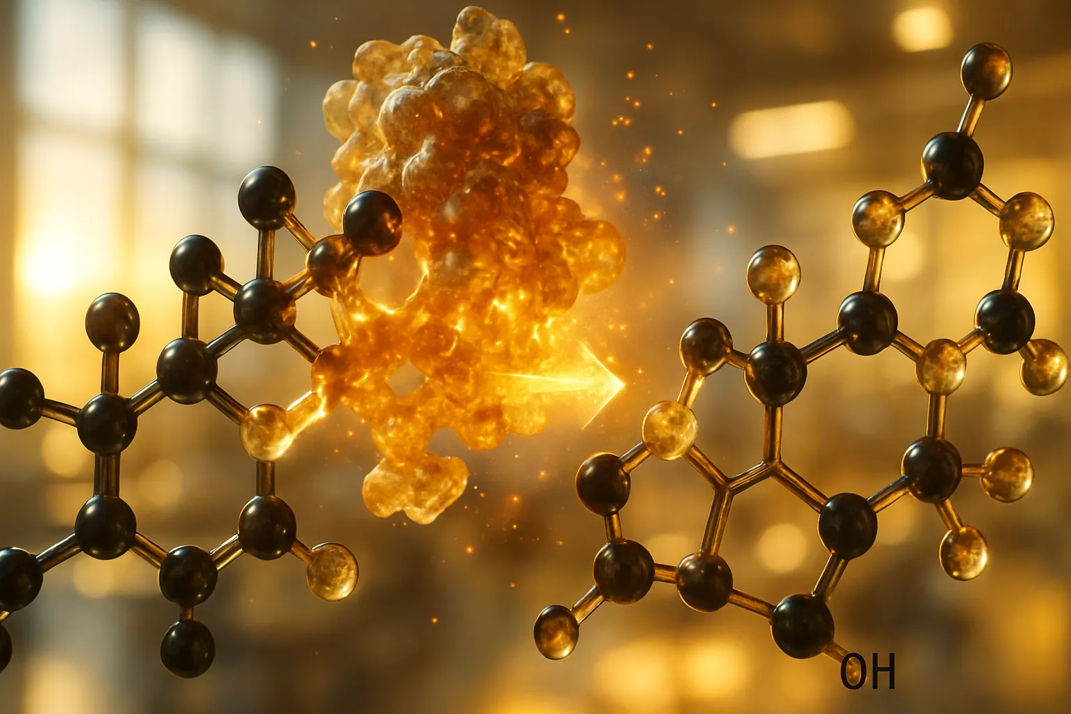 Detalhe macro da estrutura molecular mostrando a conversão de testosterona em estrogênio pela enzima aromatase em nível bioquímico