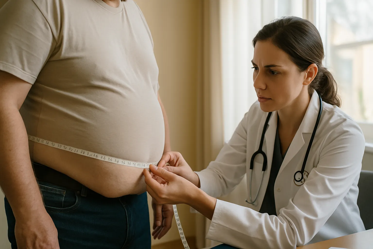 Profissional de saúde realizando medição da circunferência abdominal para avaliar acúmulo de gordura visceral relacionada ao cortisol elevado crônico