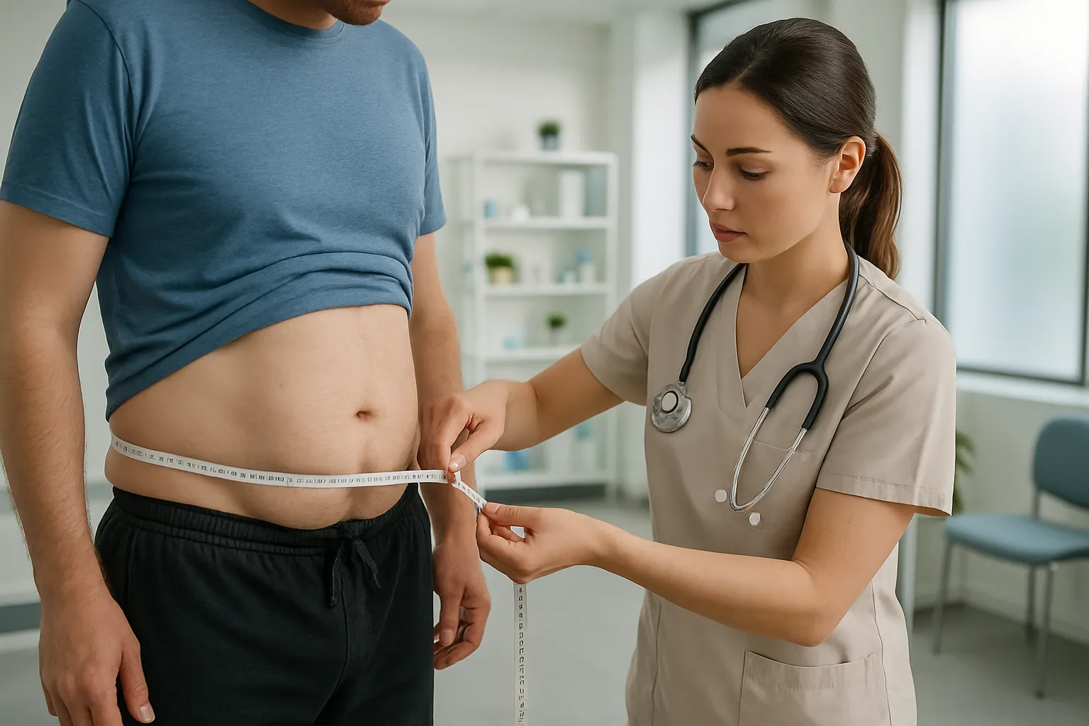Profissional de saúde realizando medição de gordura visceral abdominal em paciente, demonstrando avaliação de composição corporal relacionada ao cortisol elevado