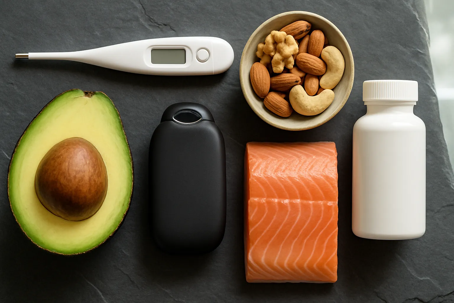 Composição com termômetro basal, alimentos ricos em gorduras saudáveis e suplementos representando as mudanças metabólicas da fase lútea