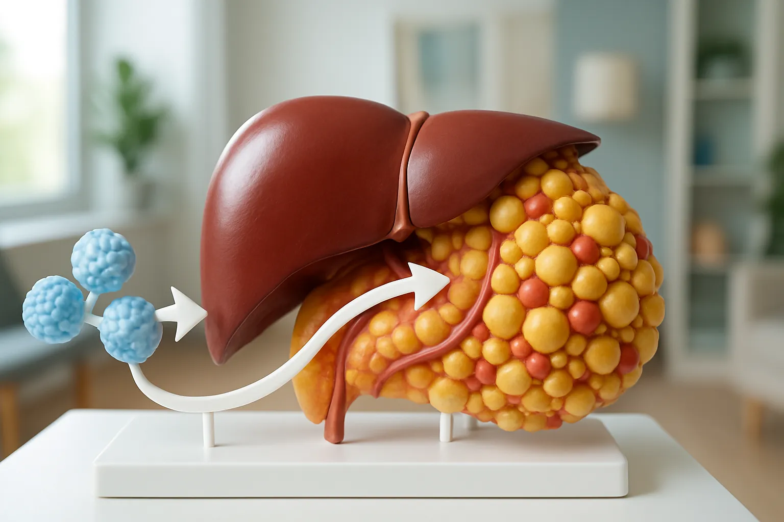 Modelo anatômico educativo mostrando o processo de conversão de frutose em gordura hepática e acúmulo de gordura visceral ao redor do fígado
