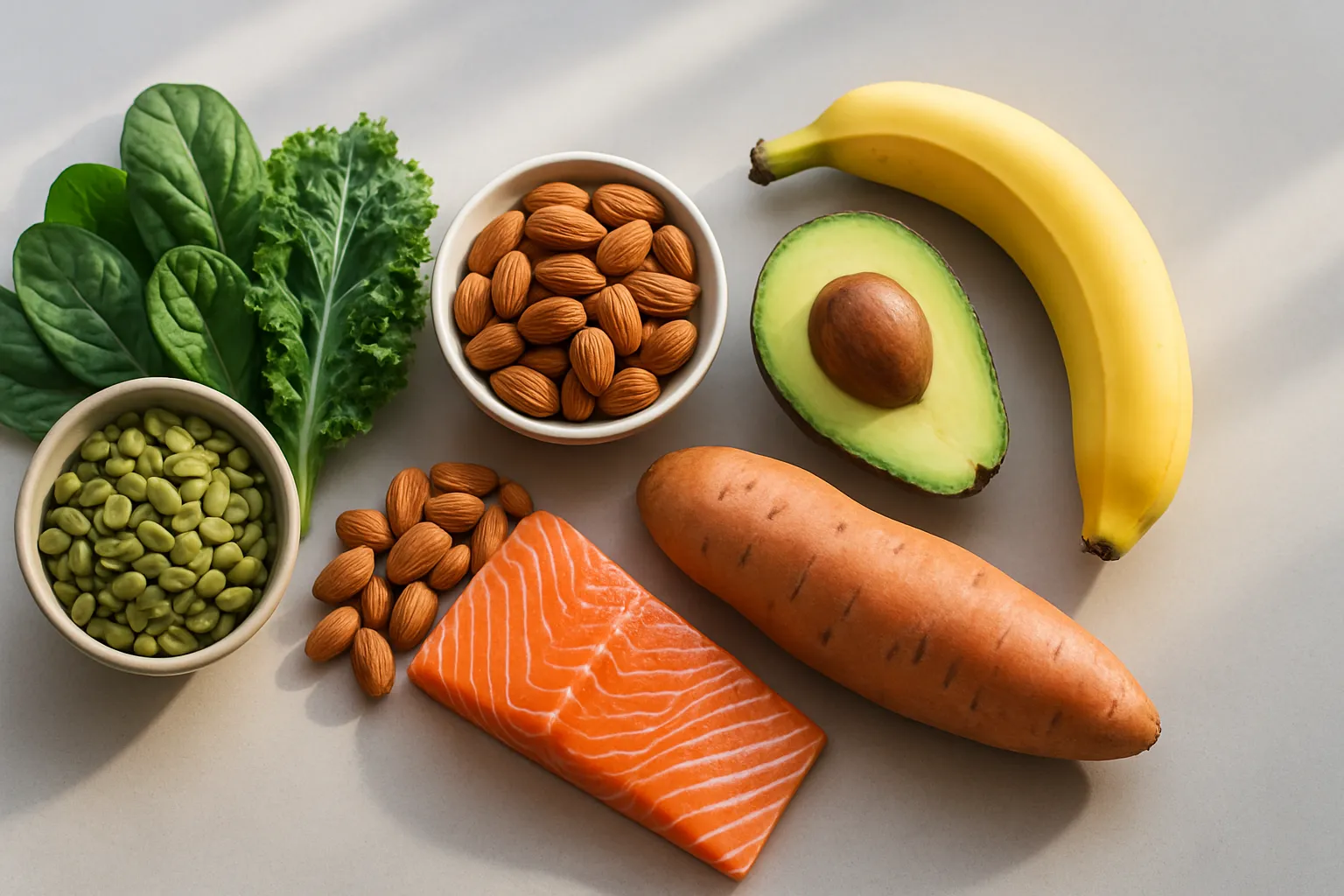 Minerais Essenciais para Equilíbrio Hídrico Arranjo de alimentos ricos em magnésio, potássio e cálcio organizados em grupos sobre bancada de clínica, incluindo vegetais folhosos, sementes, abacate e salmão