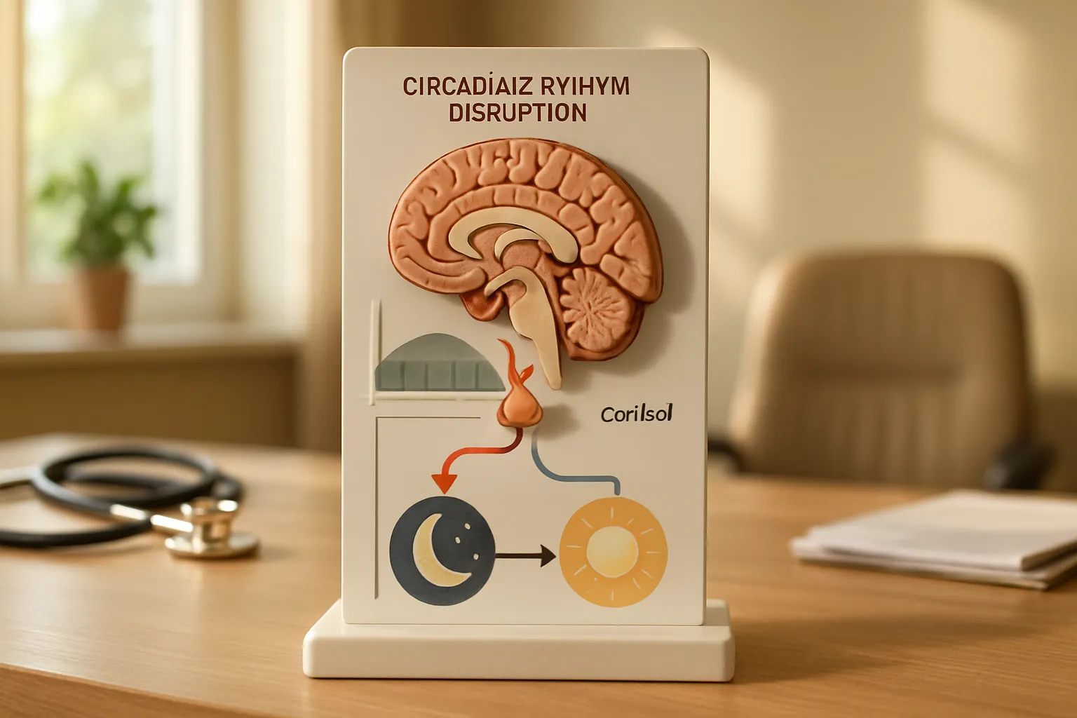 Modelo anatômico educativo demonstrando a desregulação do ritmo circadiano e os efeitos do cortisol elevado no ciclo sono-vigília e metabolismo