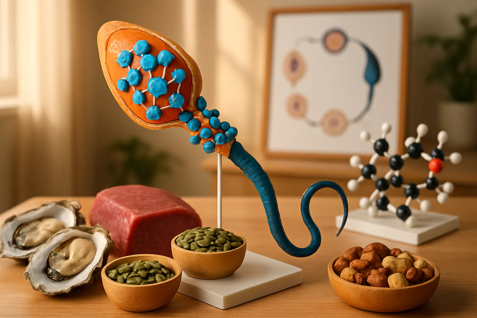 Modelo anatômico educativo de espermatozoide mostrando moléculas de zinco, cercado por alimentos ricos em zinco e diagrama do ciclo de maturação espermática