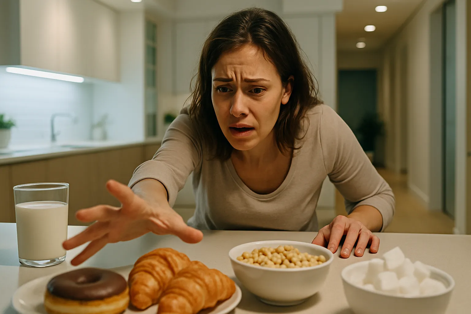 Mulher sozinha na cozinha à noite enfrentando compulsão alimentar intensa causada pela ansiedade e disbiose intestinal