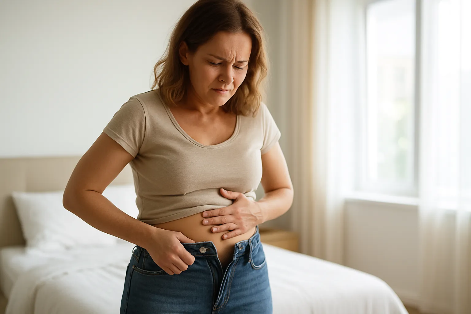 Mulher tentando fechar calça jeans que não serve mais devido ao inchaço e ganho de peso na fase lútea do ciclo menstrual