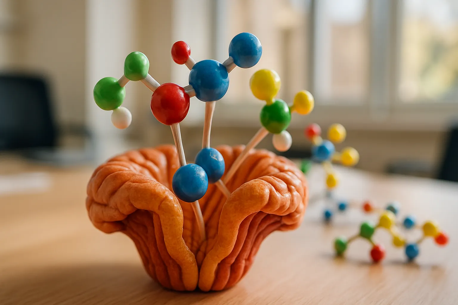 Neurotransmissores e Comportamento Alimentar Detalhe macro de modelo científico mostrando receptores de neurotransmissores relacionados ao comportamento alimentar