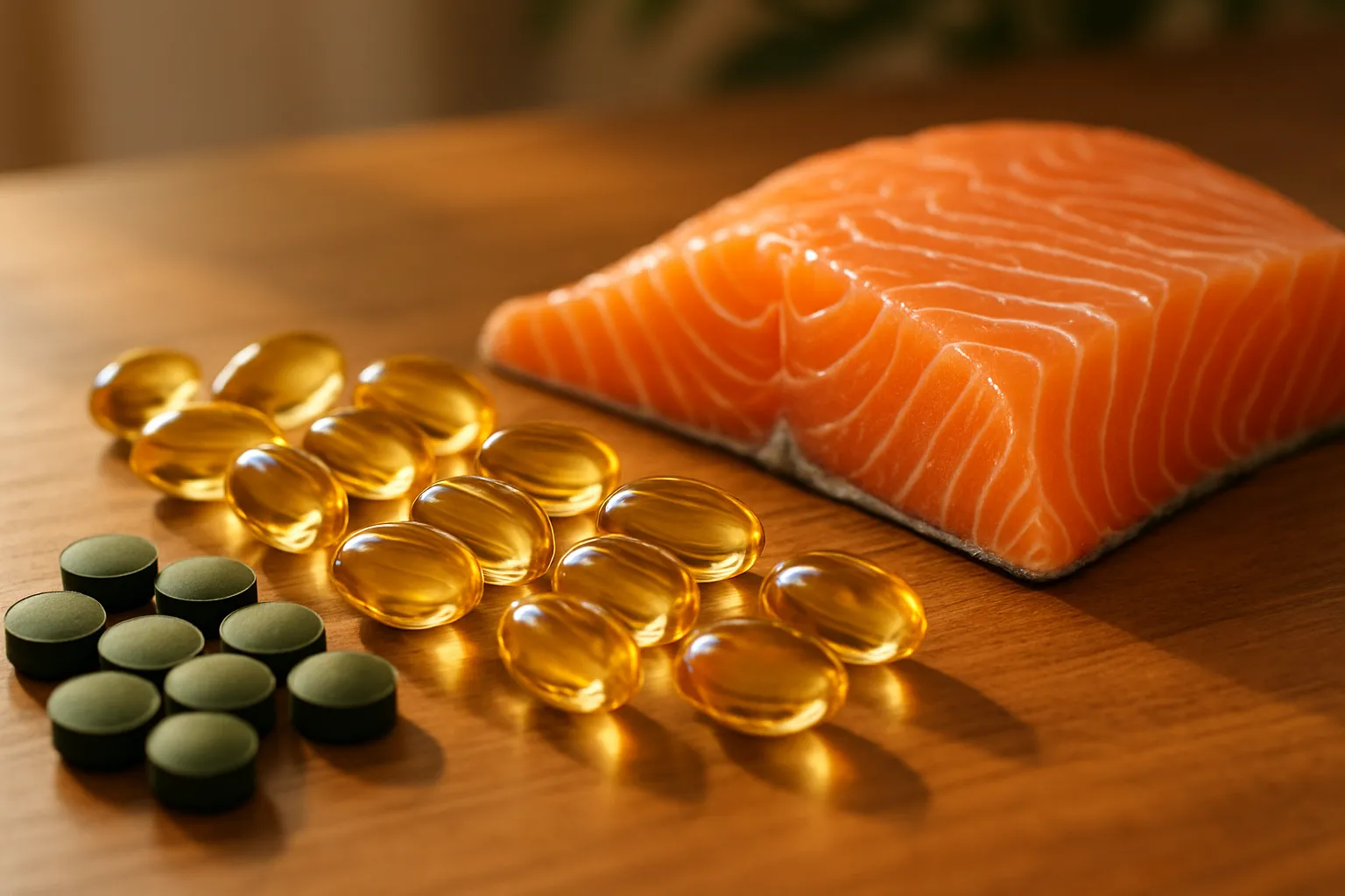 Cápsulas de ômega-3 dispostas com salmão fresco e suplementos de algas, representando fontes naturais de ácidos graxos anti-inflamatórios