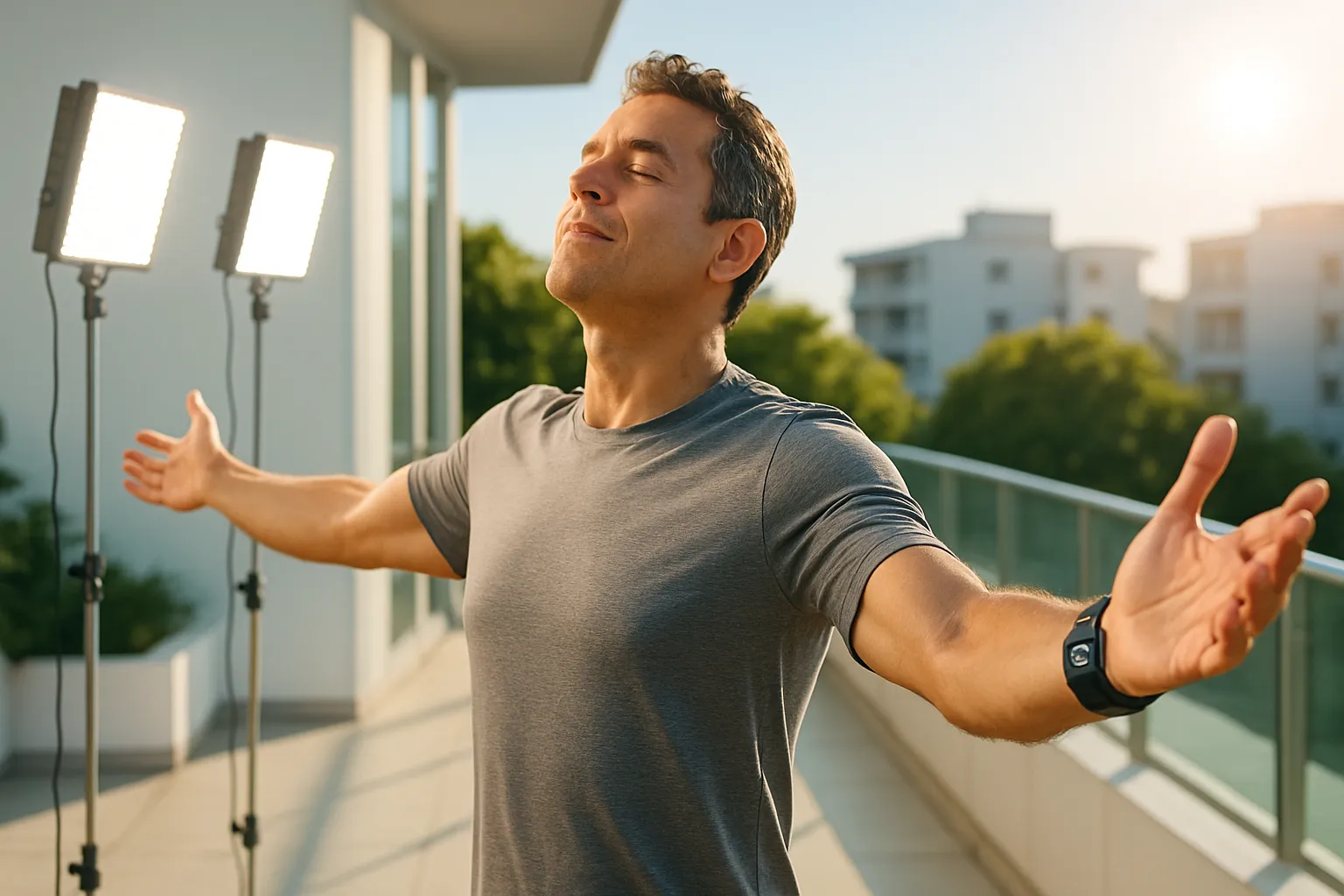 Homem realizando exposição solar matinal controlada para síntese de vitamina D em ambiente de wellness