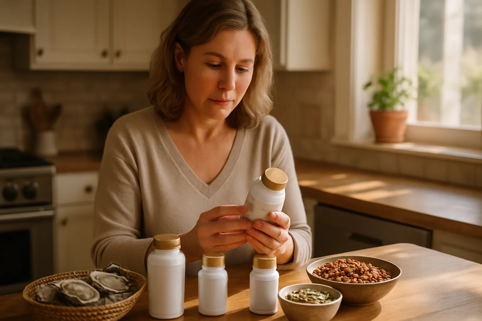 Paciente de meia-idade organizando suplementos de zinco e alimentos ricos em zinco em casa durante rotina matinal para suporte da cascata hormonal tireoidiana