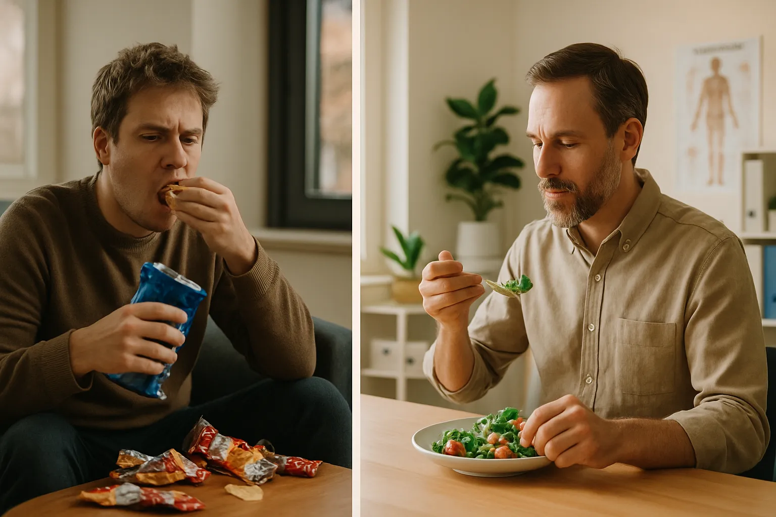Comparação visual entre padrões de alimentação compulsiva versus alimentação equilibrada em diferentes estados de ansiedade