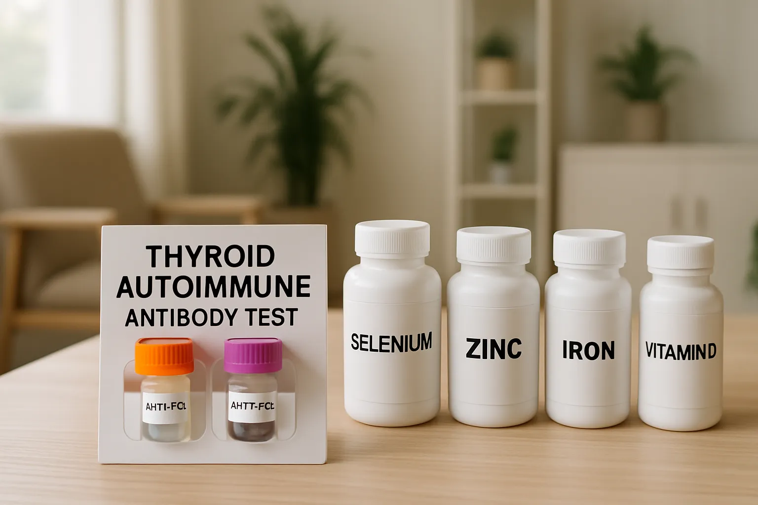 Kit completo de exames de anticorpos antitireoidianos e suplementos nutricionais essenciais para investigação adequada de hipotireoidismo autoimune e deficiências