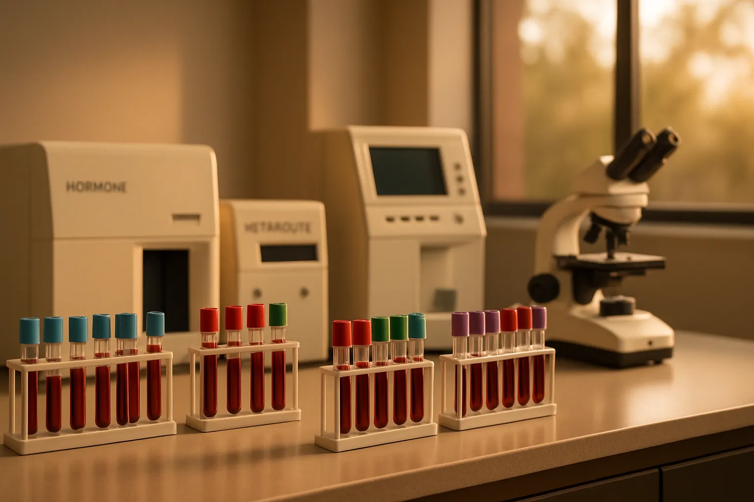 Painel Laboratorial Hormonal Detalhado Configuração laboratorial mostrando tubos de teste e equipamentos para análise hormonal abrangente, incluindo metabólitos e função de receptores