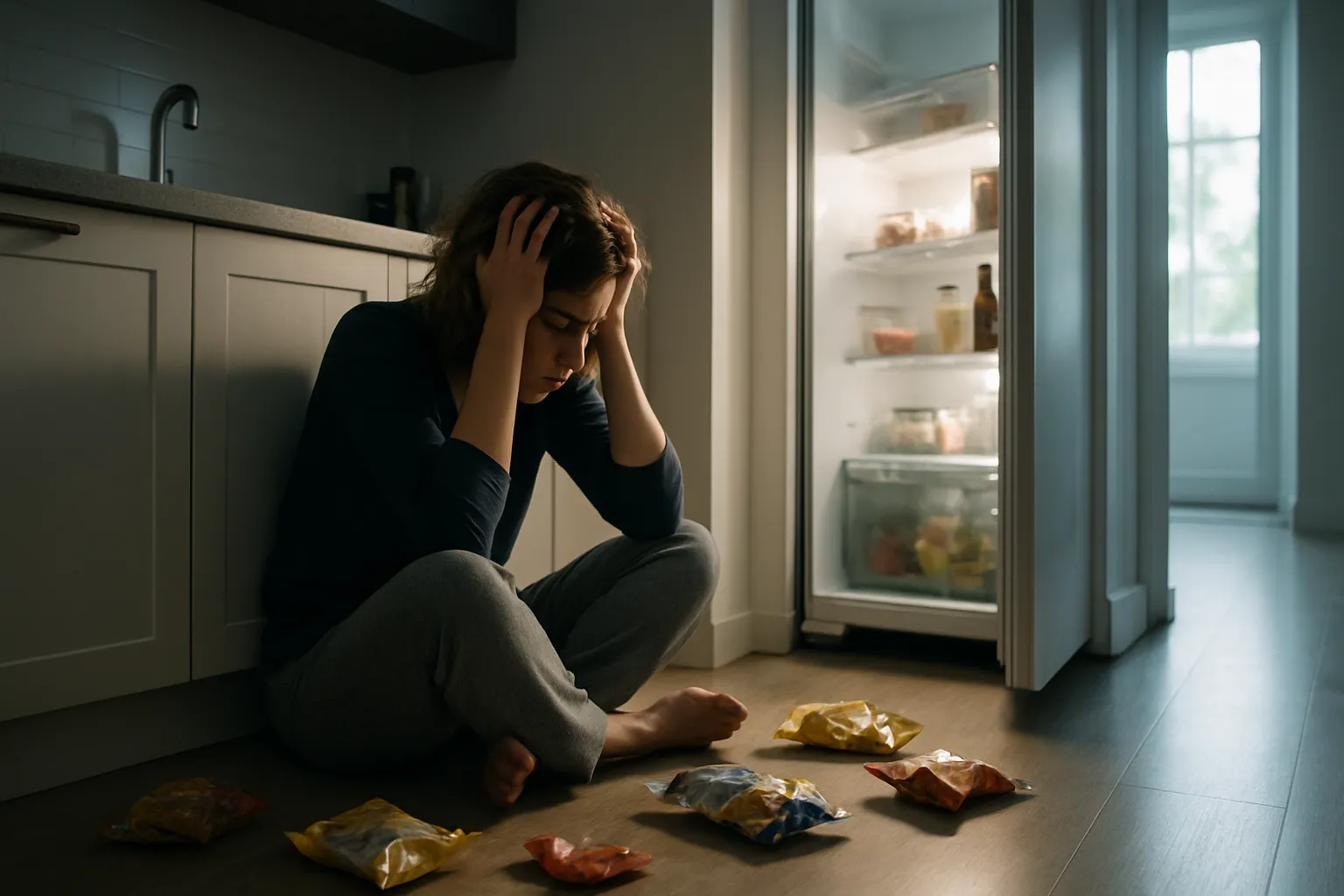 Mulher ansiosa sentada no chão da cozinha à noite cercada por embalagens vazias de snacks, demonstrando compulsão alimentar relacionada à deficiência de magnésio